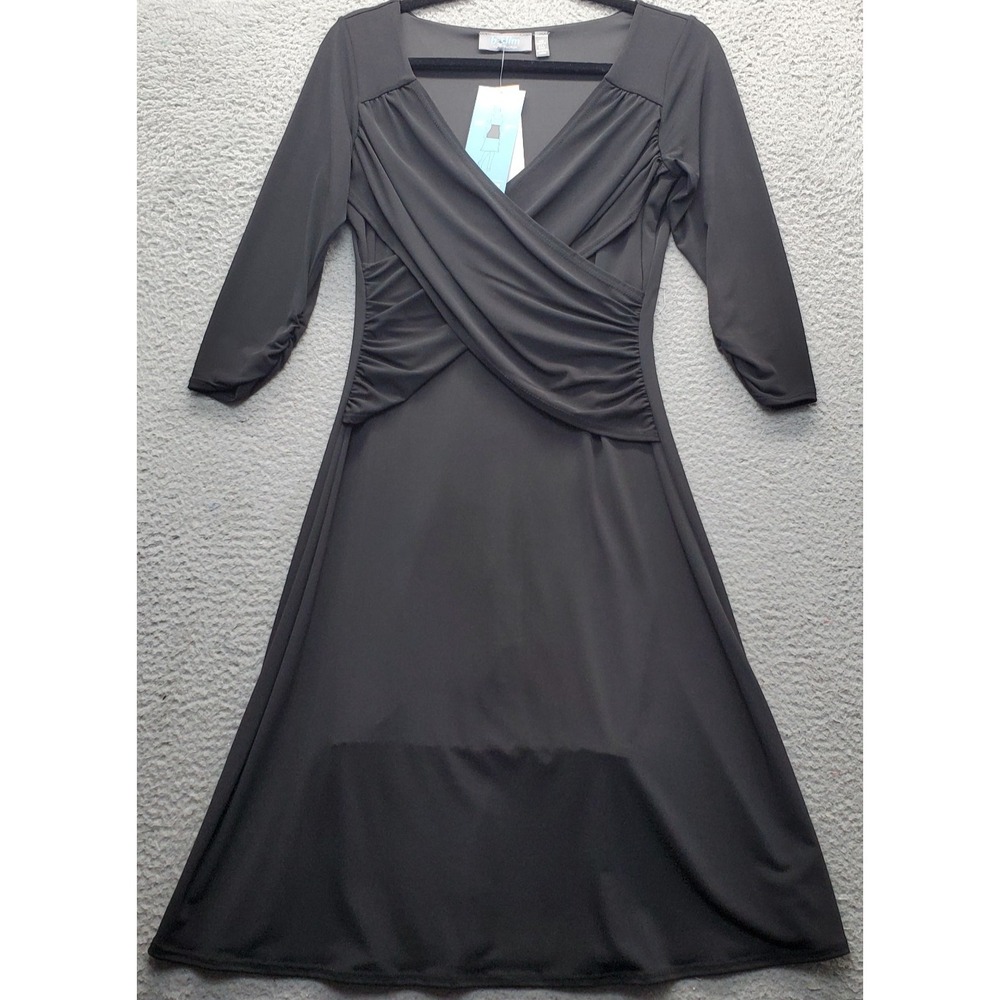 B-Slim Built-in Shapewear Dress Womens XS Black 3/4‎ Sleeve Faux Wrap V-Neck